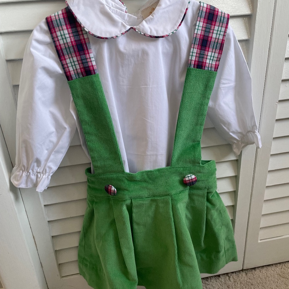 New! TBBC 12-18 month Green Corduroy Skirt with Plaid Straps and Onesie